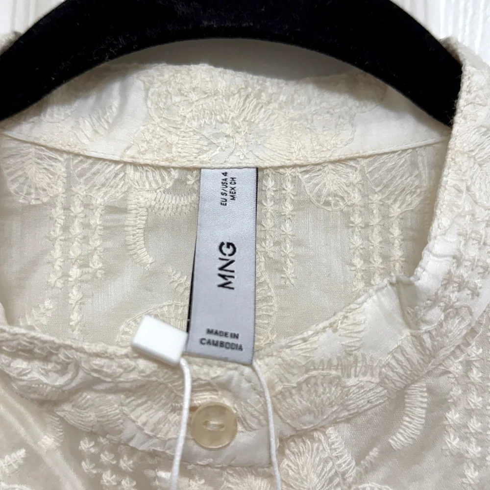 NWT MANGO Embroidered Lyocell Blouse in Ecru